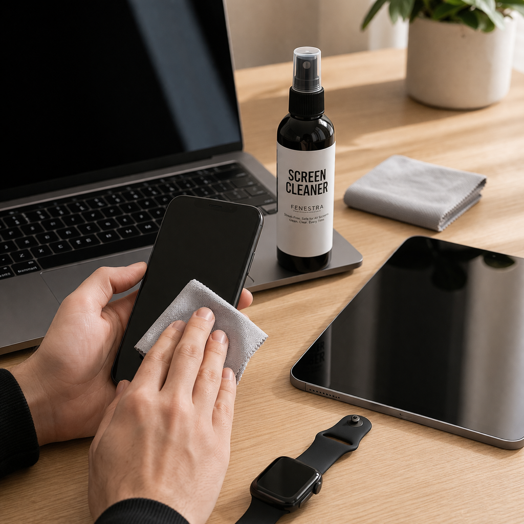 “Fenestra screen cleaner bottle”
“Cleaning phone screen with microfiber cloth”
“Before and after screen cleaning”
“Screen cleaner kit with microfiber cloth”
“Cleaning phone tablet and laptop screens”