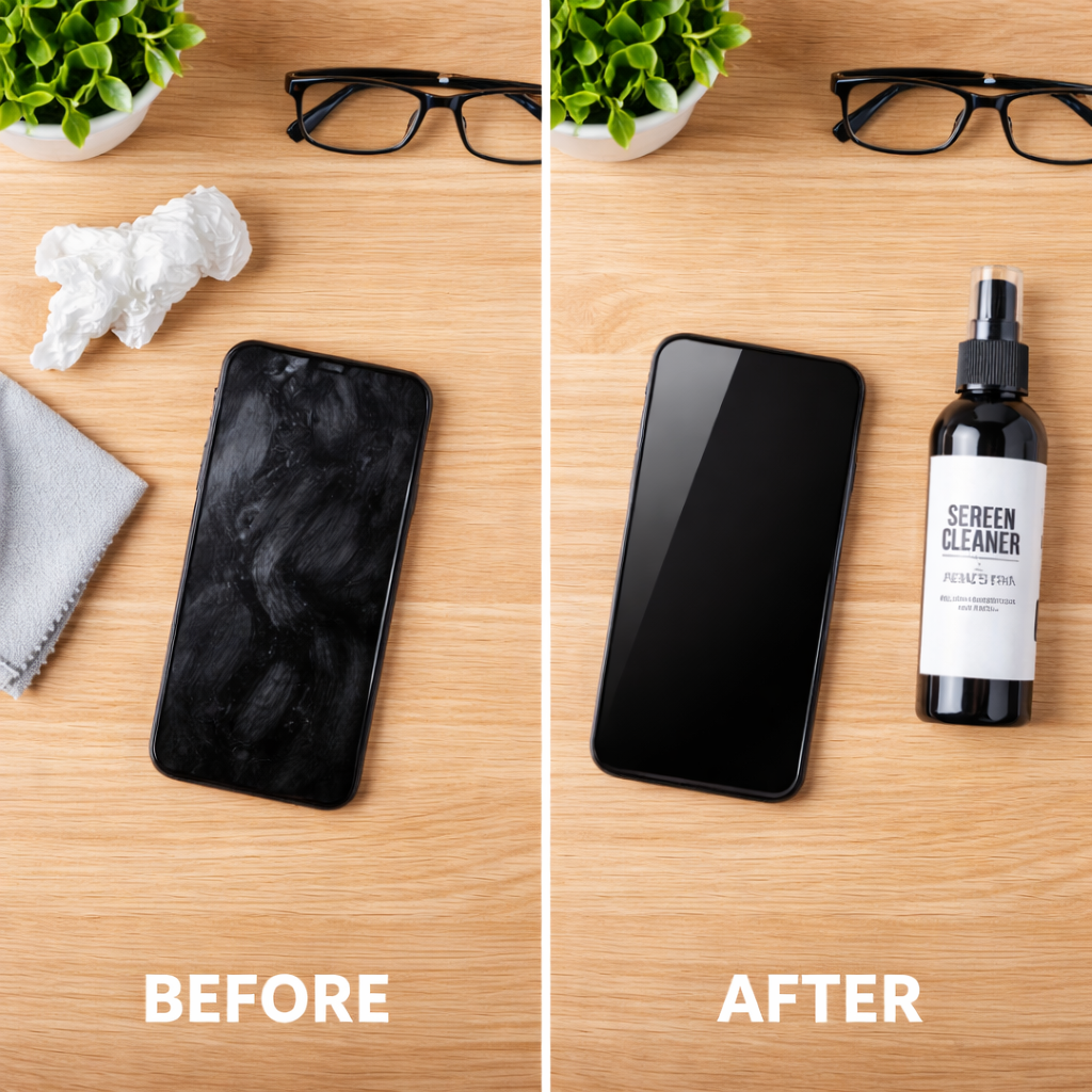 “Fenestra screen cleaner bottle”
“Cleaning phone screen with microfiber cloth”
“Before and after screen cleaning”
“Screen cleaner kit with microfiber cloth”
“Cleaning phone tablet and laptop screens”